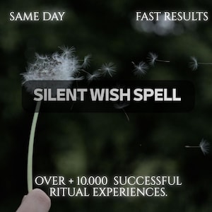 Könnte beinhalten: Ein Löwenzahn-Samenkopf mit weißen Samen, die im Wind wehen. Der Text lautet: SAME DAY, FAST RESULTS, SILENT WISH SPELL, OVER + 10.000 SUCCESSFUL RITUAL EXPERIENCES. Der Hintergrund ist dunkel und unscharf, was die weißen Samen hervorhebt.