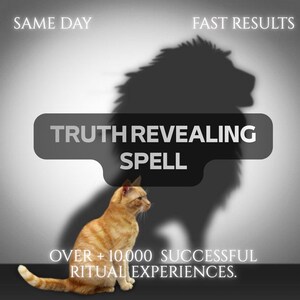 May include: An orange tabby cat sits in front of a dark shadow of a lion. The text reads SAME DAY, FAST RESULTS, TRUTH REVEALING SPELL, and OVER + 10.000 SUCCESSFUL RITUAL EXPERIENCES. The background is a gradient of light gray to dark gray.