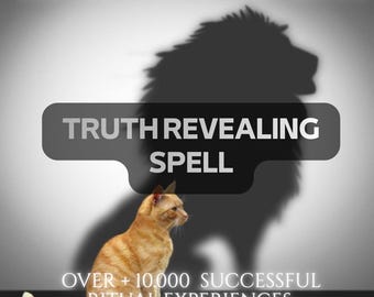 May include: An orange tabby cat sits in front of a dark shadow of a lion. The text reads SAME DAY, FAST RESULTS, TRUTH REVEALING SPELL, and OVER + 10.000 SUCCESSFUL RITUAL EXPERIENCES. The background is a gradient of light gray to dark gray.