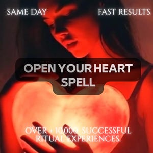 Könnte beinhalten: Ein leuchtendes herzförmiges Objekt, das in rotes Licht getaucht ist. Die Texteinblendungen lauten: SAME DAY, FAST RESULTS, OPEN YOUR HEART SPELL und OVER + 10,000 SUCCESSFUL RITUAL EXPERIENCES. Die Szene ist in einen tiefroten Farbton gehüllt.