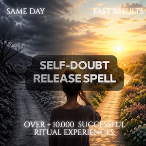 May include: A digital graphic featuring a person facing a path that splits into a dark, stormy side and a bright, sunny side. Text reads: SAME DAY, FAST RESULTS, SELF-DOUBT RELEASE SPELL, and OVER + 10.000 SUCCESSFUL RITUAL EXPERIENCES.