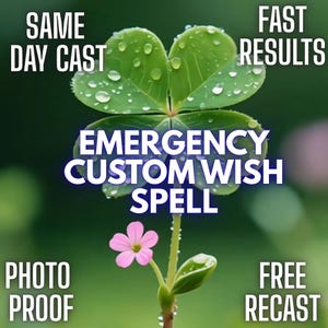 May include: A four-leaf clover with water droplets on its green leaves and a small pink flower on its stem. The text reads: SAME DAY CAST, FAST RESULTS, EMERGENCY CUSTOM WISH SPELL, PHOTO PROOF, and FREE RECAST in white capital letters.