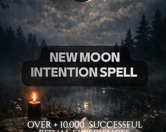 Könnte beinhalten: Eine digitale Grafik mit einer nächtlichen Landschaft, einem Neumond, einer brennenden Kerze, einer kleinen Schale und einem offenen Buch. Der Text lautet: SAME DAY FAST RESULTS, NEW MOON INTENTION SPELL, OVER + 10.000 SUCCESSFUL RITUAL EXPERIENCES. Dunkle Szene.
