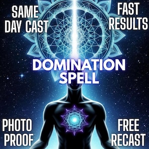 Puede incluir: Un gráfico digital con la silueta oscura de un torso humano sobre un fondo de espacio estrellado. El texto dice: SAME DAY CAST, FAST RESULTS, DOMINATION SPELL, PHOTO PROOF, FREE RECAST. Un mandala azul brillante se sitúa detrás de la cabeza y sobre el pecho.