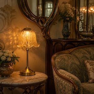 May include: A table lamp with a brass-toned metal base and a bell-shaped, amber-colored crackle glass shade. The lamp emits a warm, glowing light, illuminating the surrounding area with a soft, textured pattern cast by the glass shade.