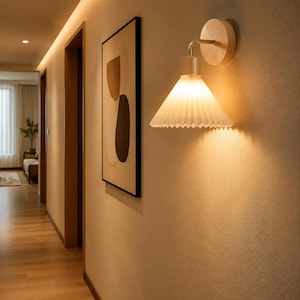 Magnetic Rechargeable Wood Wall Sconce, Pleated Fabric Shade Operated Wall Lamp, Minimalist Natural Wood Ambient Light for Bedroom & Decor