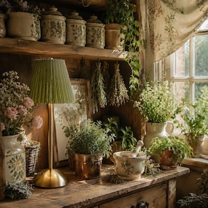 May include: A table lamp with a pleated olive green fabric shade and a polished brass base, positioned on a wooden surface alongside various ceramic jars, potted herbs, a copper pot, a mortar and pestle, and a vase of pink roses.