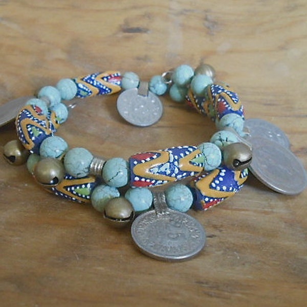 Bohemian Bracelet Gypsy Coin Jewelry Old African Trade Beads Mixed Metals Antiqued Bells Kuchi Coins Belly Dancer Hippie Gypsy Gift
