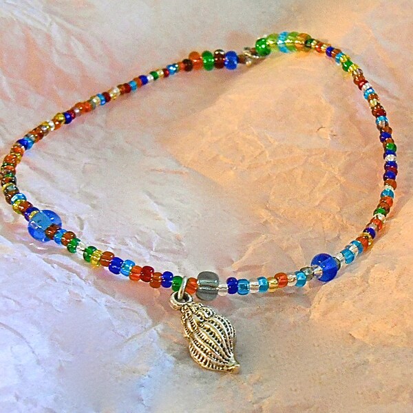 Anklet Tiny Silver lined Glass Beads Multicolored Tibetan Silver Conch Shell Charm Summer Casual Beach Large 12 inches Custom Size Available