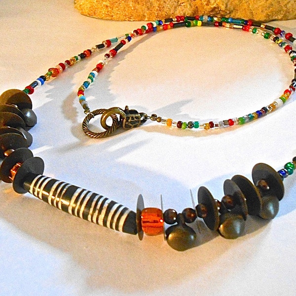 Batik African Bone Bead Tribal Necklace Antiqued Bells Tiny-1960's Multi Colored Seed Beads Bohemian Gypsy Christmas Hanukkah Gift
