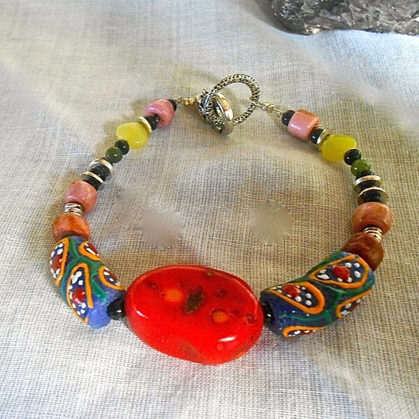 Bracelet Tribal Hippie Natural Coral AfricanTrade Beads Tibetan Silver Red Blue Mustard Yellow Lime Onyx Trending Gift
