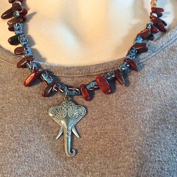 Elephant African Trade Bead NecklaceTribal Red Jasper Tibetan Silver Elephant Good Luck Bells Boho Painted Tube Beads Unique Gift