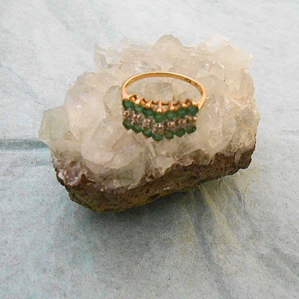 Emerald Vintage Ring  Accent Diamonds  - Yellow Gold Size 7 May Birthstone