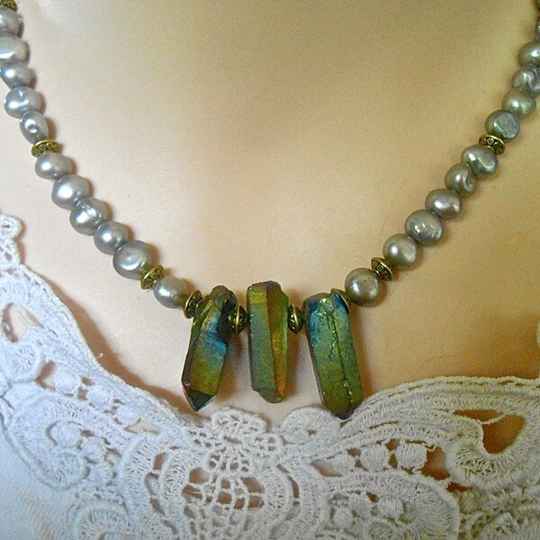 Titanium Quartz Pale Gray Baroque Pearls Necklace ObsidianTibetan Beads Tribal Unique Rainbow Effect Edgy Design Gift