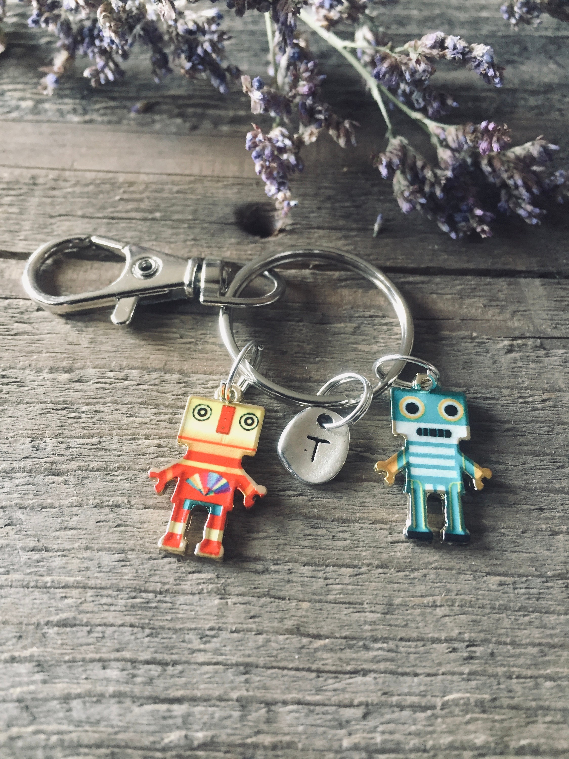Personalized Initial Kids Robots Keychain Etsy