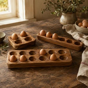 Soporte de madera para huevos, organizador de cocina rústico estilo granja, bandeja de 4, 6 o 12 compartimentos.