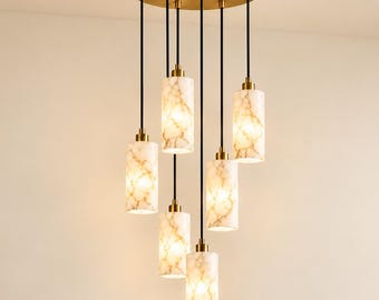 Natural Alabaster Chandelier, Handcrafted Brass Hanging Light, Modern Dining Room, Staircase & Kitchen Island Lighting