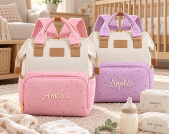 Spersonalizowany plecak dla dziecka, haftowana torba z imieniem dziecka, duża pojemność, pastelowy nadruk w gwiazdy, prezent na baby shower dla młodej mamy