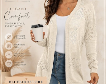 Lightweight Cardigan Sweaters for Women Crochet Knit Open Front Long Sleeve