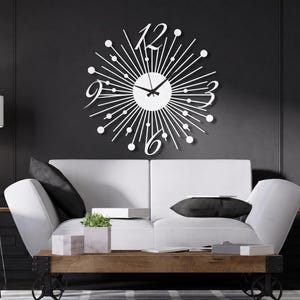 Puede incluir: Un reloj de pared blanco con dise&ntilde;o de rayos de sol, que presenta una esfera central circular con manecillas negras, rodeada de finos radios met&aacute;licos rematados con peque&ntilde;os c&iacute;rculos y grandes n&uacute;meros estilizados en las posiciones de las doce, tres, seis y nueve.