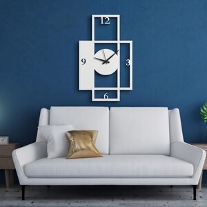 Pu&ograve; includere: Un orologio da parete bianco con una cornice geometrica composta da contorni rettangolari e un quadrante centrale circolare. Il quadrante mostra i numeri 3, 6, 9 e 12 in un carattere nero senza grazie, con sottili lancette nere.