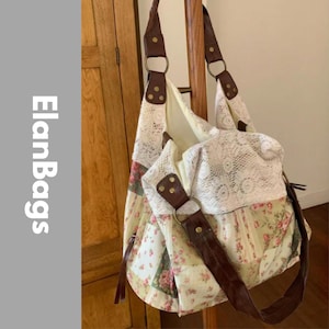 Sac à Épaule en Tissu Patchwork Floral avec Dentelle et Anses en Cuir Marron