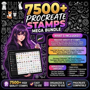 May include: A digital product bundle featuring 7500+ Procreate stamps, including anime, animals, and seasonal doodles. The graphic displays a character holding a tablet showing a brush library, with text detailing stamp categories, bonus colour swatches, and compatibility information for digital artists.