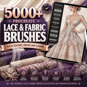 Op de afbeelding: Een digitale collectie van 5000+ Procreate kant- en stofpenselen met textieltexturen, haakwerk en naaipatronen. De afbeelding toont een tablet met een jurkontwerp, rollen kantstof en een gouden schaar op een paarse achtergrond.