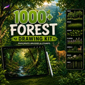 Könnte beinhalten: Ein digitales Zeichenset für Procreate mit Waldmotiven. Der Text lautet 1000+ FOREST DRAWING KIT PROCREATE BRUSHES & STAMPS. Ein Tablet zeigt eine Waldszene mit Bach und Hirsch, daneben ein vertikales Bedienfeld mit verschiedenen Pinselarten.