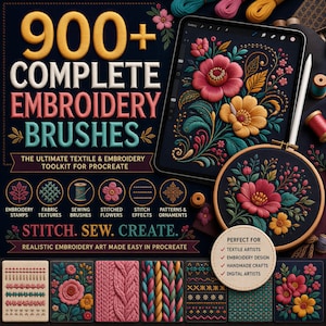 Puede incluir: Un kit de herramientas digitales para Procreate con más de 900 pinceles de bordado, incluyendo texturas de tela, efectos de puntada y patrones florales. La imagen muestra una tableta con arte floral, un bastidor y muestras de puntadas.