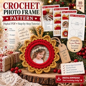 Puede incluir: Un patrón de ganchillo para marco de fotos en formato PDF digital con 10 páginas de instrucciones paso a paso. La imagen muestra un marco circular tejido en oro y rojo con la foto de un niño, incluyendo una plantilla imprimible de 5 cm.