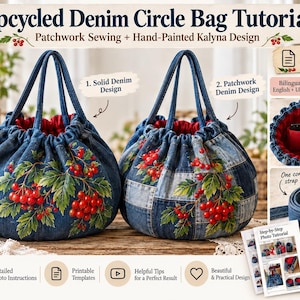 Peut inclure: Tutoriel de sac rond en jean recyclé présentant un modèle en jean uni et un modèle en patchwork de jean. Les deux sacs sont peints à la main avec un motif de baies Kalyna rouges et doublés de tissu rouge. Inclut téléchargement numérique et PDF.
