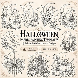 Pode incluir: Uma coleção de nove modelos de pintura em tecido de Halloween em preto e branco com desenhos de arte linear de um gato, fantasma, corvo, chapéu de bruxa, morcego, velas, teia de aranha, casa assombrada e abóboras com o texto Halloween Fabric Painting Templates.