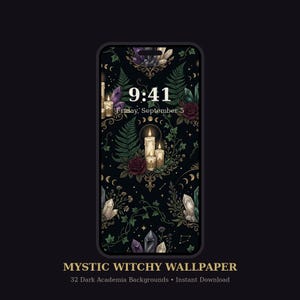 May include: A smartphone screen displaying a dark wallpaper with a repeating pattern of lit candles, purple and clear crystals, dark red roses, green fern leaves, and gold moon phases on a black background. The time 9:41 and date are visible.