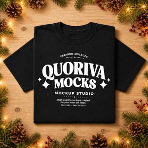 May include: A black short-sleeve t-shirt featuring white text that reads PREMIUM MOCKUPS QUORIVA MOCKS MOCKUP STUDIO High quality mockups crafted for your neer ble Ideat. PNG FILES EASY TO USE with four-pointed star accents.