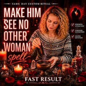 May include: A person with curly hair wearing a patterned sweater performs a ritual with a smoking stick over a brass bowl. The image features red candles, crystals, rose petals, and text reading "SAME DAY CUSTOM RITUAL" and "MAKE HIM SEE NO OTHER WOMAN SPELL".