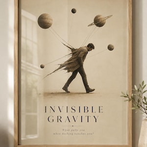 May include: A framed wall art print in a light wood frame featuring a sepia-toned illustration of a figure walking while tethered to floating planets by thin lines. The text reads INVISIBLE GRAVITY and What pulls you when nothing touches you?