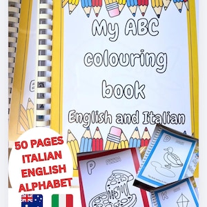 May include: A spiral-bound colouring book titled My ABC colouring book English and Italian, featuring a cover with colourful pencil illustrations. The book contains 50 pages of alphabet-themed line art, including a pizza page and a duck page.