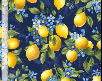 Timeless Treasure Fabric - Lemons and Floral on Navy; FRUIT-CD3442 NAVY; 100% Cotton Fabric Cut off the bolt.