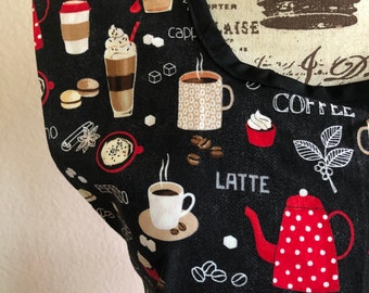 COFFEE & Latte Reversible Womens' Full Apron; Available in two sizes - Regular S-XXL or Tall/Plus  1X-3X