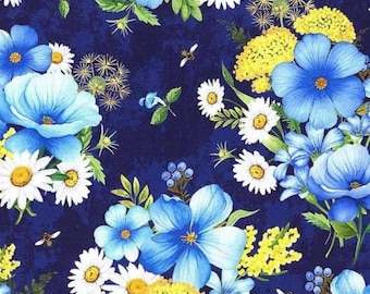 Timeless Treasure Fabric - Blue snd White Flowers on Navy; FLEUR - CD3256 NAVY; 100% Cotton Fabric Cut off the bolt.