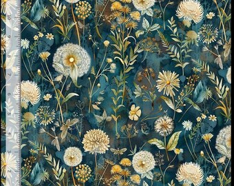 Timeless Treasure Fabric - Pussy Willows on Dark Green; FLEUR - CD3683 NIGHT; 100% Cotton Fabric Cut off the bolt.