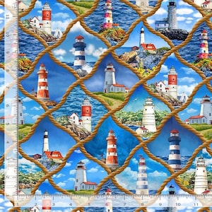 May include: A nautical-themed fabric featuring a repeating pattern of lighthouses set against a blue sky and ocean backdrop. The lighthouses are in various colors and designs, framed by a rope-like grid. The fabric is suitable for crafting and home decor projects.
