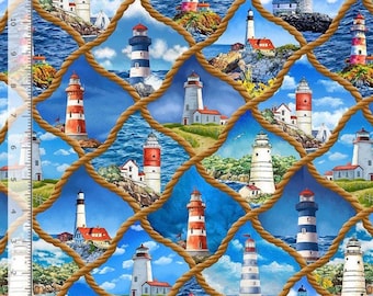 Timeless Treasure Fabric - Lighthouse in Diamond Rope Frame; SEA-CD3862-MULTI; 100% Cotton Fabric Cut off the bolt.