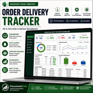 May include: A digital Microsoft Excel template for an order delivery tracker displayed on a laptop screen. The dashboard features data visualisations including a pie chart, line graphs, and tables tracking order status, supplier performance, and metrics.