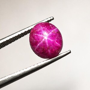 May include: A vibrant, oval-shaped magenta star ruby gemstone held by metal tweezers. The cabochon-cut stone displays a distinct six-rayed star effect, known as asterism, which radiates from the centre across the deep pink, translucent surface.