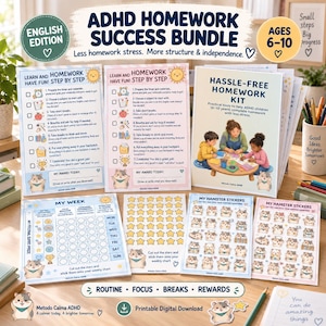 Può includere: Un kit per il successo nei compiti per ADHD che include guide stampate, un grafico settimanale e fogli di adesivi con criceti. Il set comprende liste di controllo passo dopo passo, un sistema di ricompensa con stelle e un libretto per bambini dai 6 ai 10 anni.
