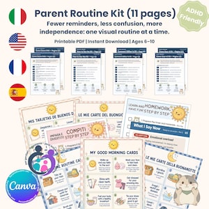 Könnte beinhalten: Ein Eltern-Routine-Set bestehend aus 11 druckbaren PDF-Seiten für Kinder im Alter von 6 bis 10 Jahren. Das Set enthält visuelle Routinekarten, Schritt-für-Schritt-Hausaufgabenanleitungen sowie Checklisten für Morgen- und Abendroutinen.