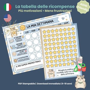 Può includere: Un set di tabelle delle ricompense con un pianificatore settimanale illustrato con un criceto, testo in italiano tra cui 'LA MIA SETTIMANA' e un foglio di adesivi a forma di stella gialla. Include sezioni per le attività e un premio finale.