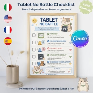 Streitfreies Tablet | Checkliste für die Bildschirmzeitroutine bei Kindern mit ADHS | Timer und Übergänge | Druckbares PDF | Bearbeitbar mit Canva